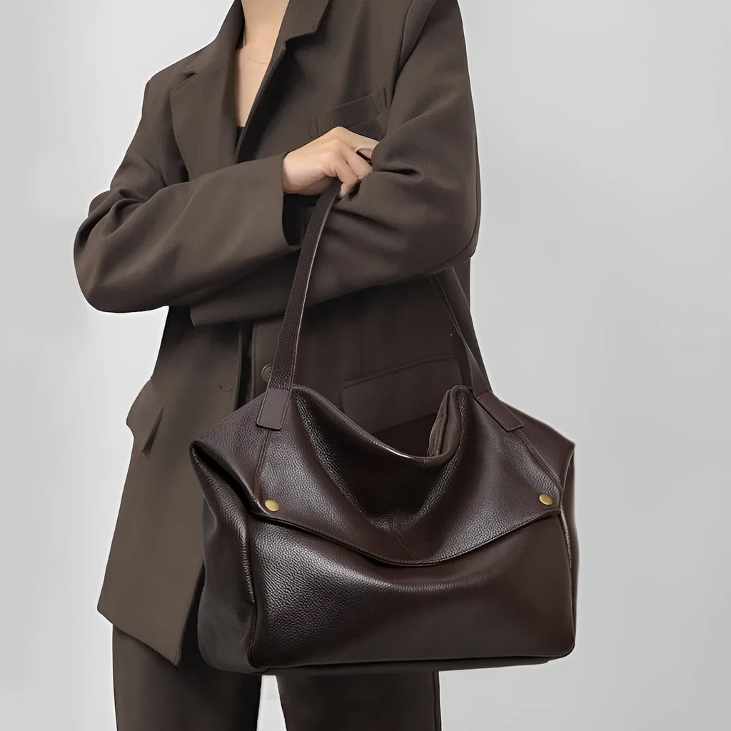 Brown genuine leather women's shoulder bag with horizontal square shape for commuting