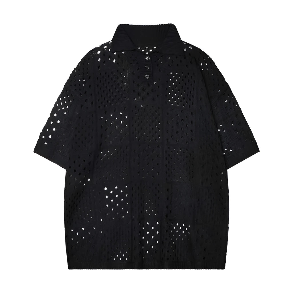 Black and white short-sleeved polo shirt with hollow knit design for teenage casual wear