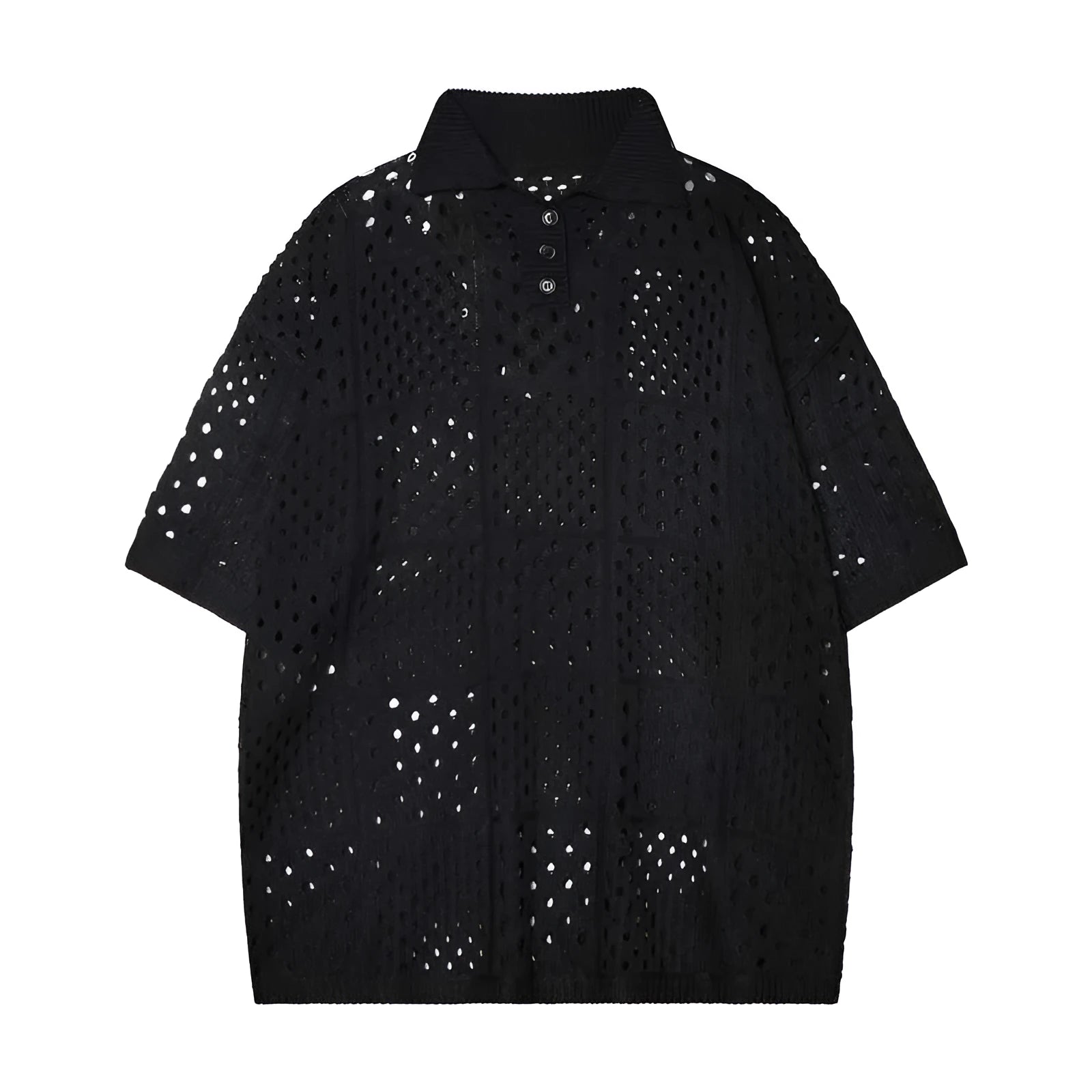 Black and white short-sleeved polo shirt with hollow knit design for teenage casual wear