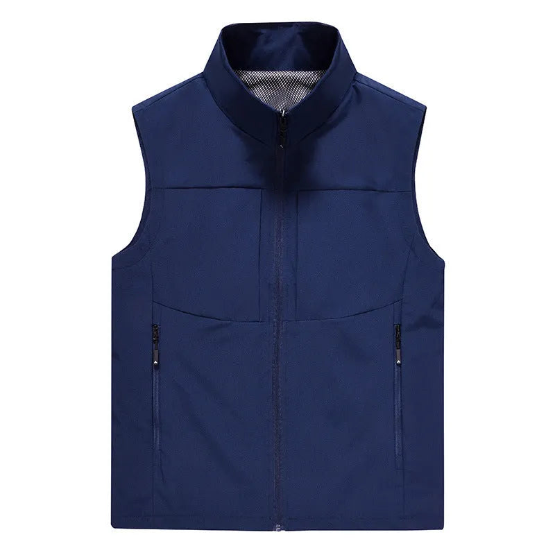 Men's casual stand collar cardigan vest in army green, shown with zipper pockets and a loose fit.