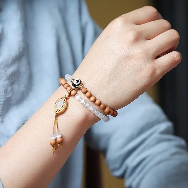 Sandalwood double ring bracelet with Opal Tibetan beads in mixed materials