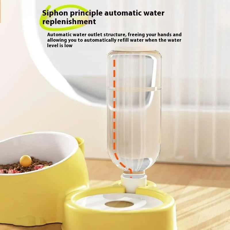 Automatic pet drinking fountain with stainless steel and ceramic double bowls in haze blue colour