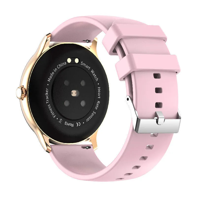 Black smart Bluetooth sports watch body with 1.28 inch screen and silicone wristband showing health monitoring interface