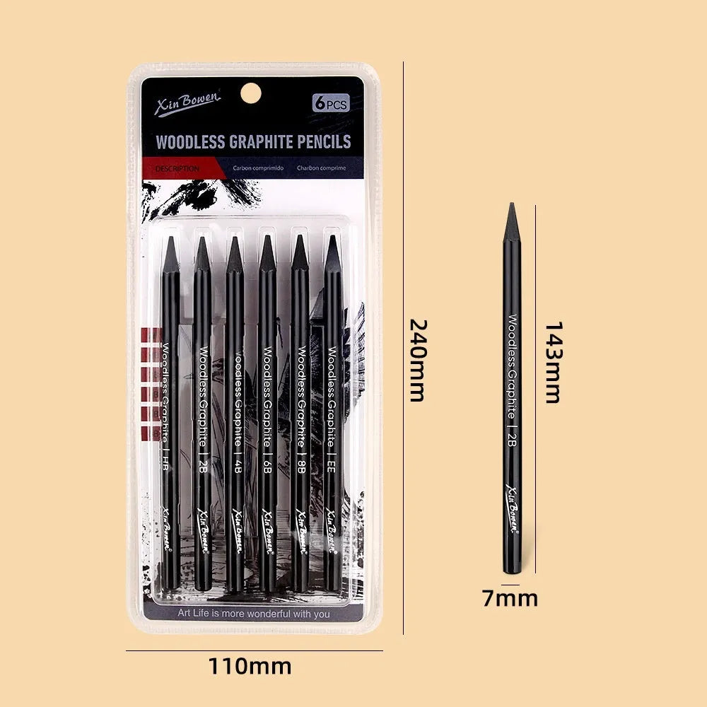 Set of six wood-free graphite sketching pencils in different grades for artistic drawing