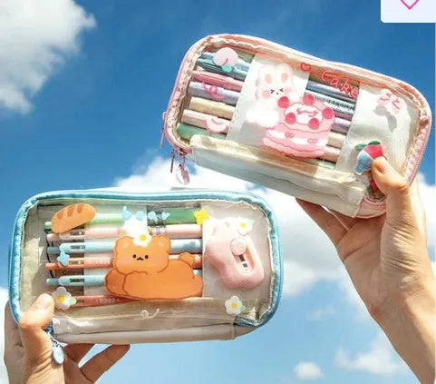 Transparent TPU pen bag with Japanese rabbit heart design in pink or red colour options