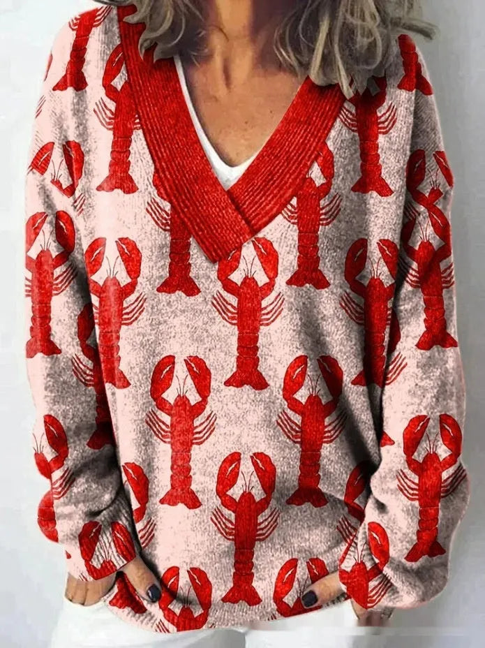Women's V-neck long sleeve sweatshirt with a detailed 3D floral pattern print in an art retro style.