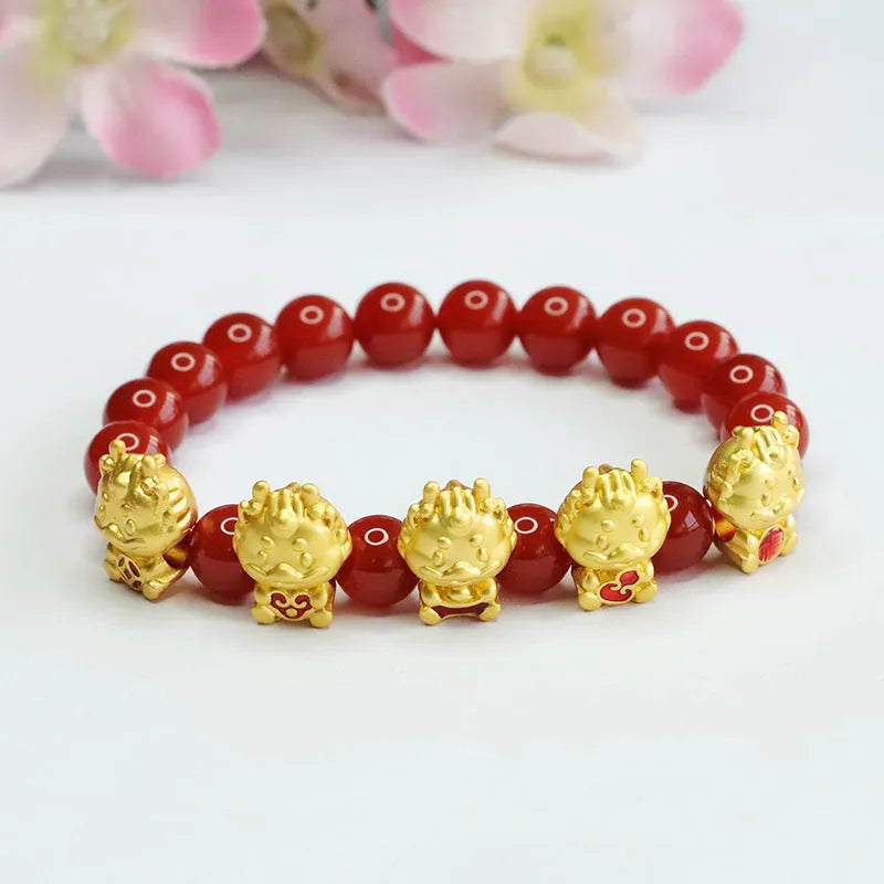 Red agate Chinese dragon bracelet with 8mm beads and traditional cultural design