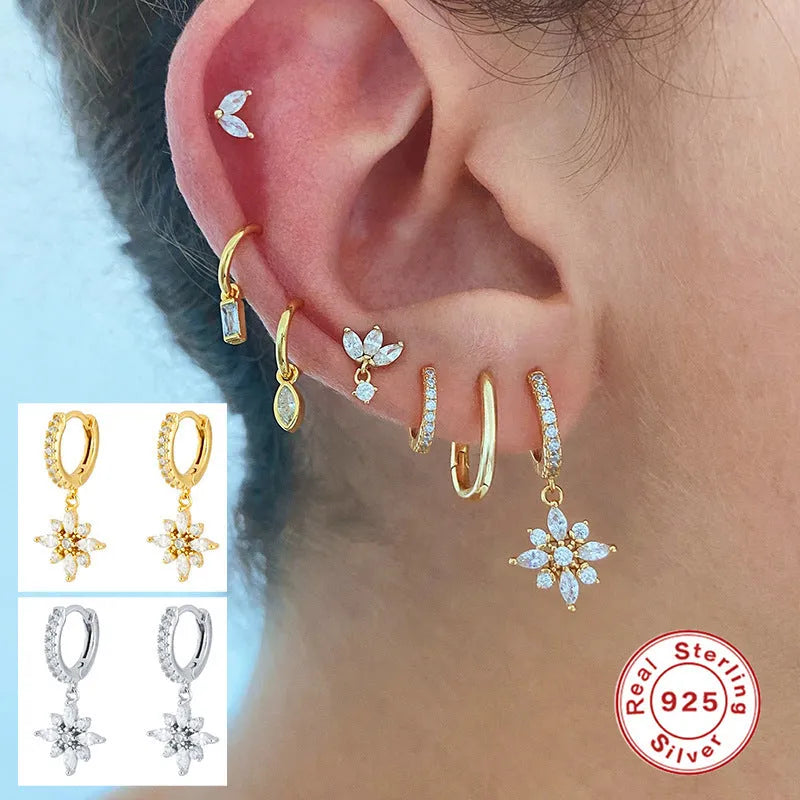 S925 sterling silver snowflake pendant earrings in geometric design with gemstone inlay