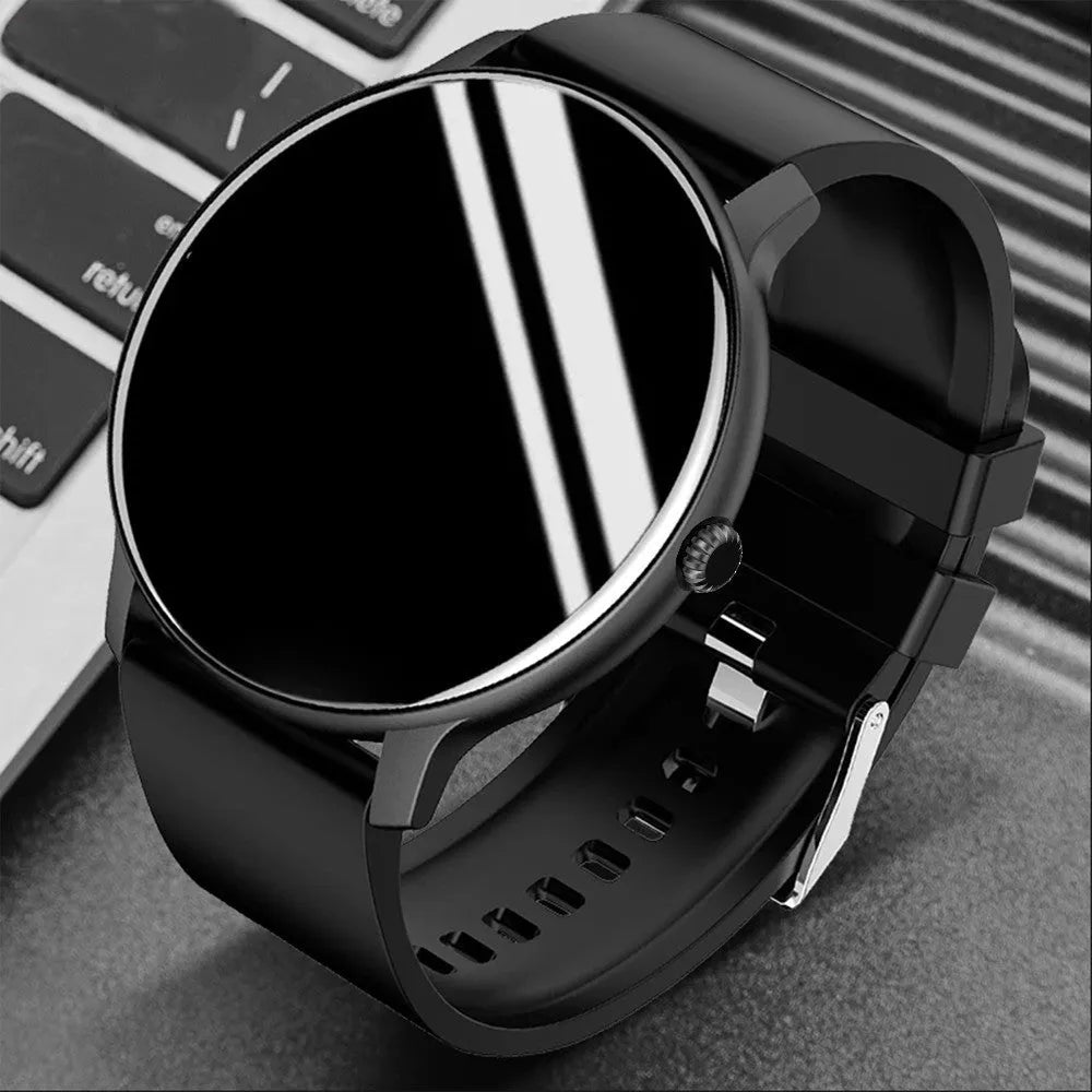 Black smart Bluetooth sports watch body with 1.28 inch screen and silicone wristband showing health monitoring interface