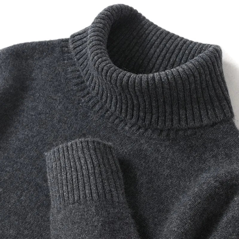 Men's high-neck pure wool sweater in thick loose knit, autumn winter pullover, black colour