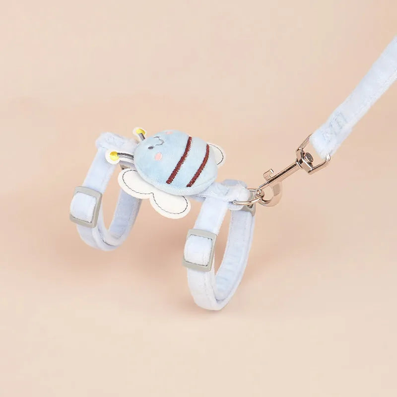 Pink bee-shaped adjustable cat tether rope with strap for outdoor use.