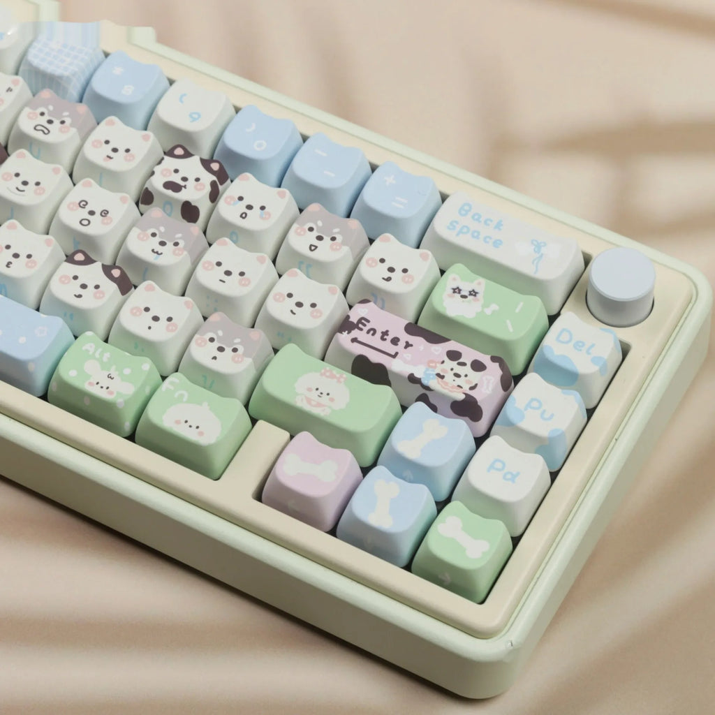 Full set of mechanical keyboard keycaps with detailed cat and puppy sublimation artwork on durable PBT plastic