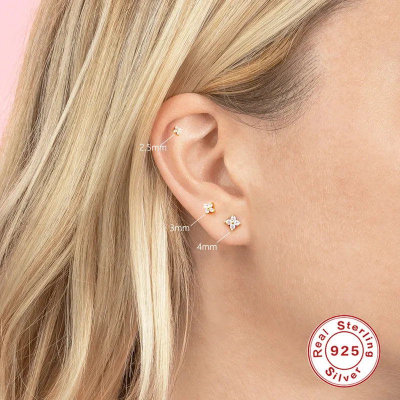 S925 sterling silver floral stud earrings in gold or platinum finish, available in 2.5mm, 3mm and 4mm sizes