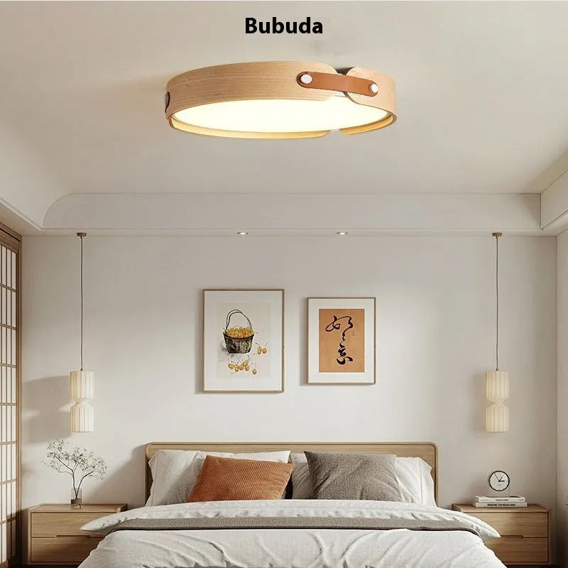 Japanese-style wooden ceiling lamp with PMMA lampshade in bedroom setting showing warm light illumination