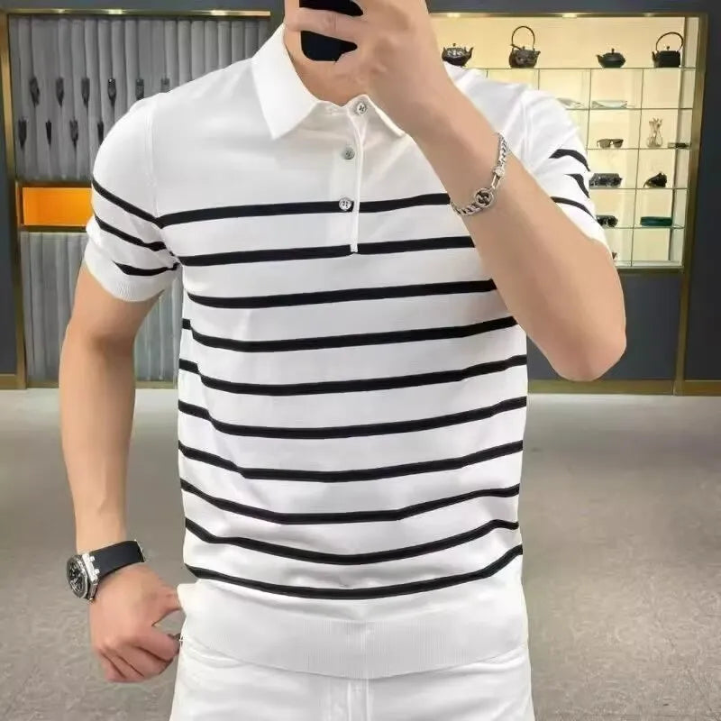Black and white striped knitted pullover T-shirt with a lapel collar.