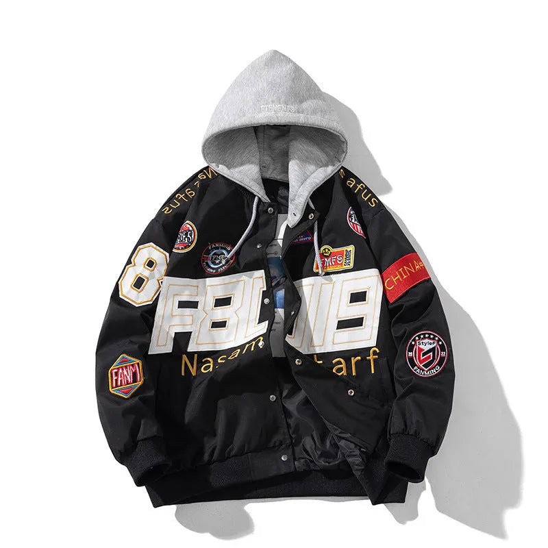 Black American motorcycle baseball uniform jacket with side pocket, shown in loose fit