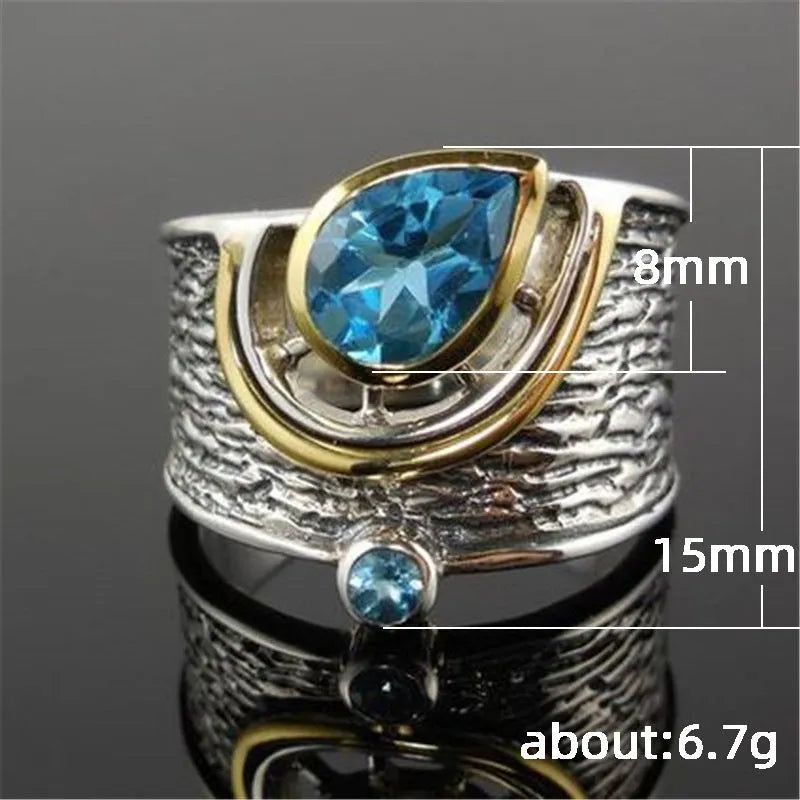 Blue Chinese style women's ring with zircon rhinestones in drop shape design