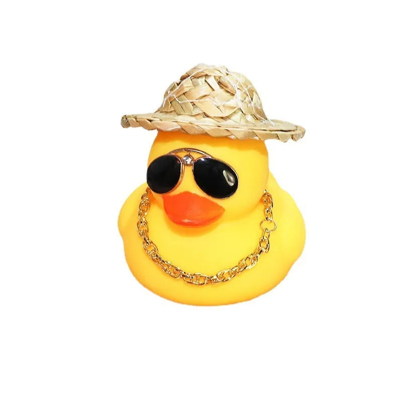 Straw hat yellow duck car dashboard ornament with removable sunglasses accessory