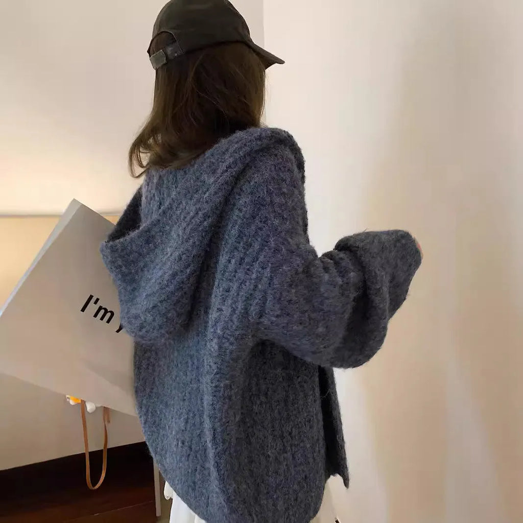 Retro style women's hooded cardigan in dark grey, shown loose-fit as a casual outer layer.
