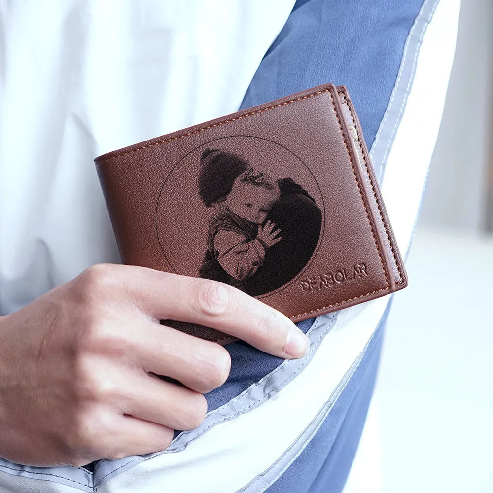 Brown genuine leather men's wallet with zipper closure showing seven organisational compartments