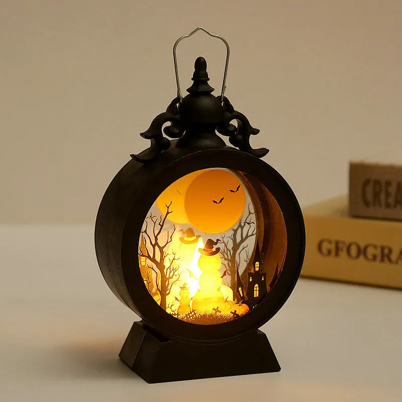 Halloween retro candle portable storm lantern with hook, 9.5x15cm, three light colour options Castle Pumpkin Witch