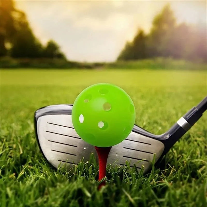 Multi-colour golf practice balls showing red, orange, blue, green, white, and yellow 42mm diameter balls