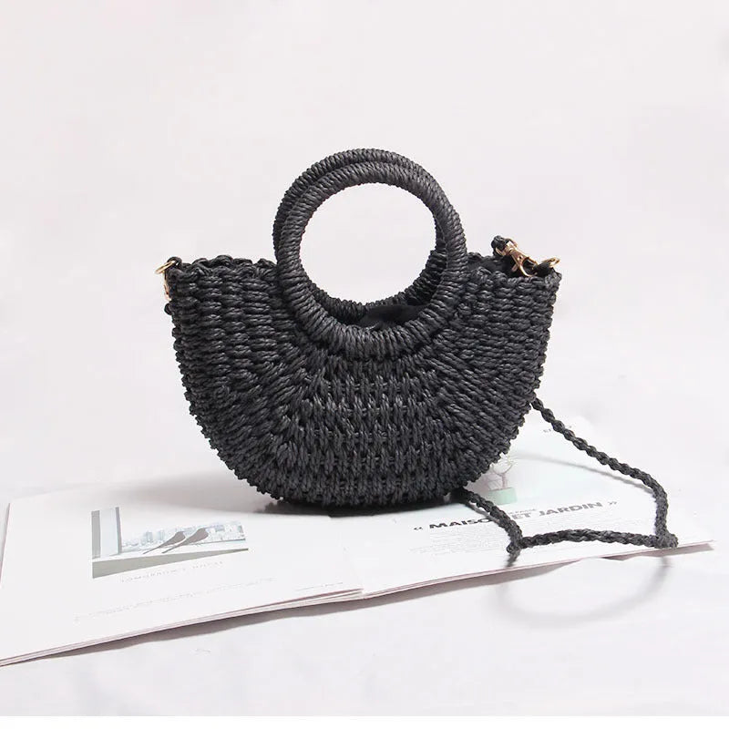 Seaside vacation beach mini straw bag in white with woven texture and open pocket design