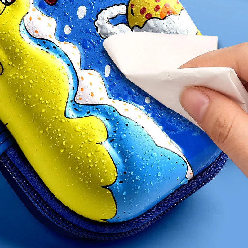 3D leather pencil case with zipper closure showing character design options including astronauts, unicorns, and mermaids