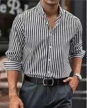 Men's loose-fit striped cardigan style button shirt in khaki, made from polyester fibre, with long sleeves