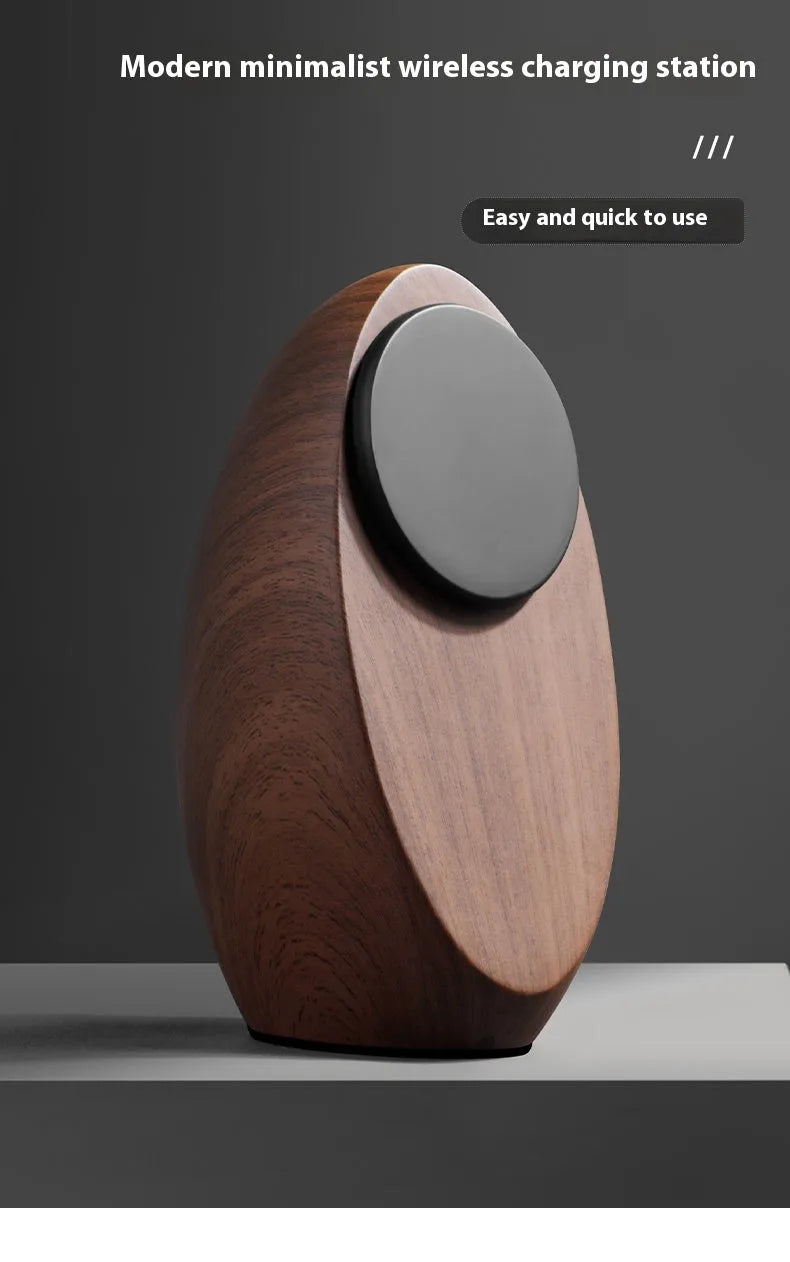 Creative Magsafe magnetic phone holder wireless charger in walnut resin colour on desk, 15.5cm length