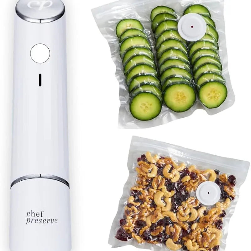 White USB electric suction pump with five 26x28cm vacuum food storage bags