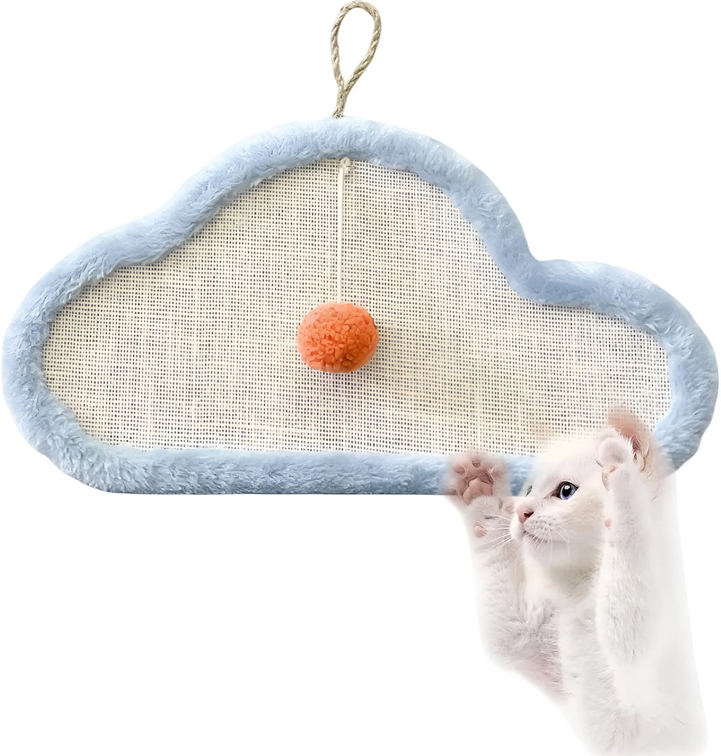 White cat scratching mat with sleeping cat design made from natural sisal material