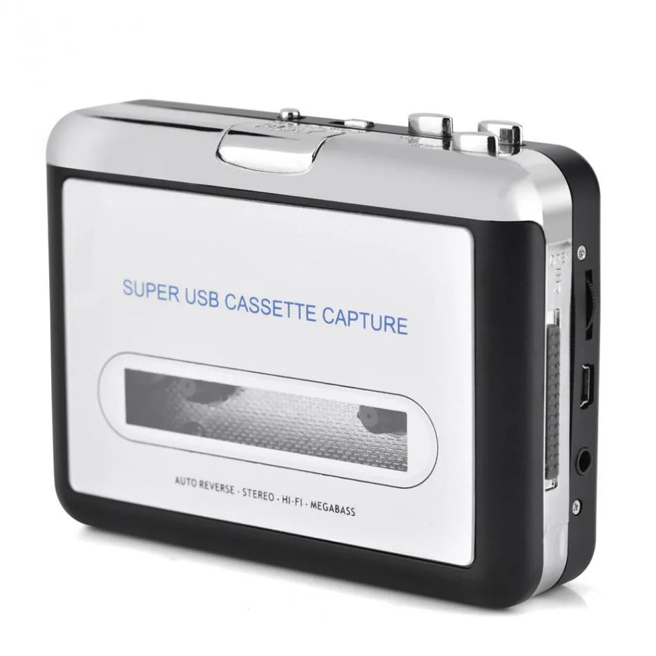 Silver USB cassette tape to MP3 converter unit with USB cable for audio digitisation