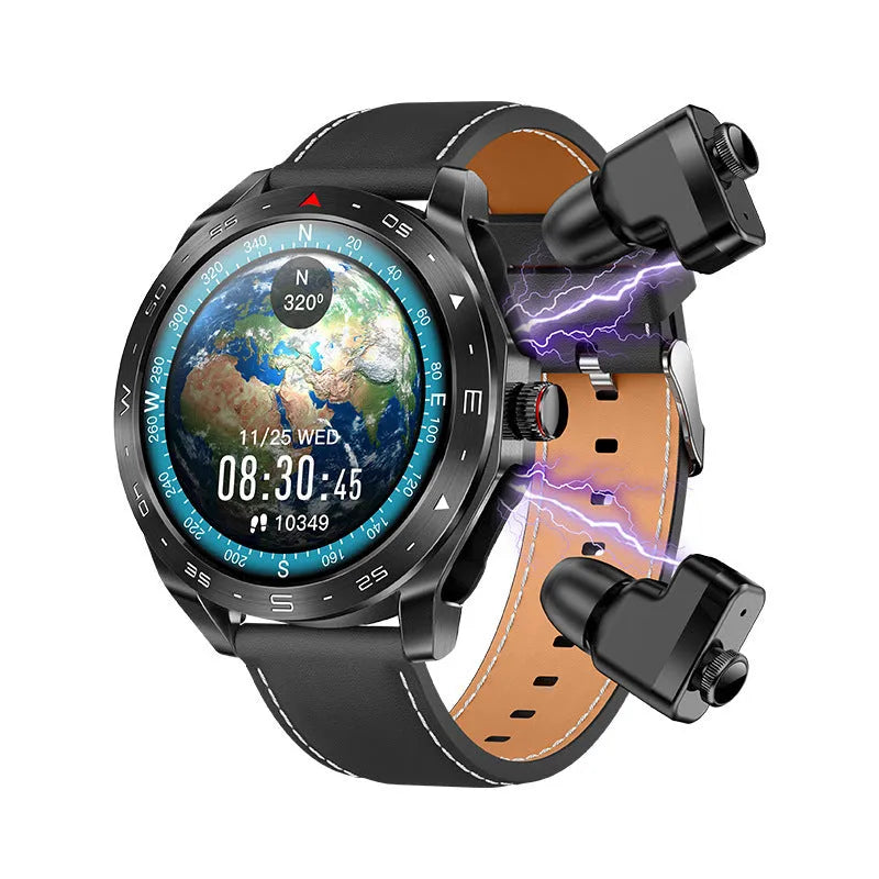 T95 Smart TWS smartwatch with black steel belt showing heart rate and time on IPS screen