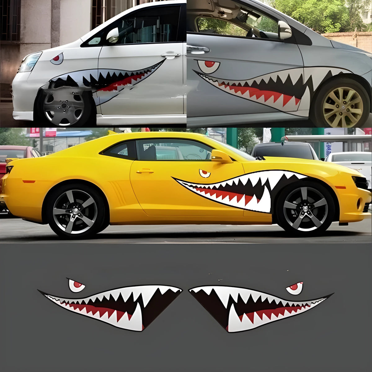 Shark design car body vinyl sticker decal showing large format dimensions on vehicle panel