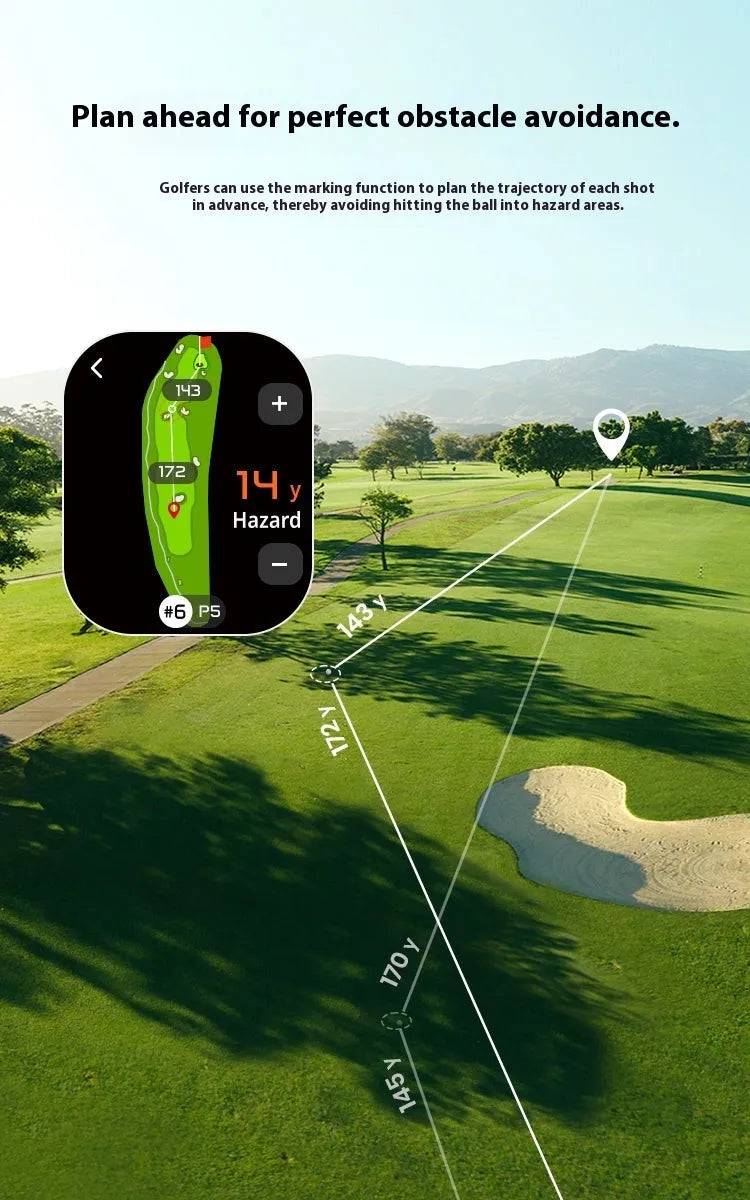 Black GenePro G1 GPS rangefinder with telescope lens and colour touchscreen display.