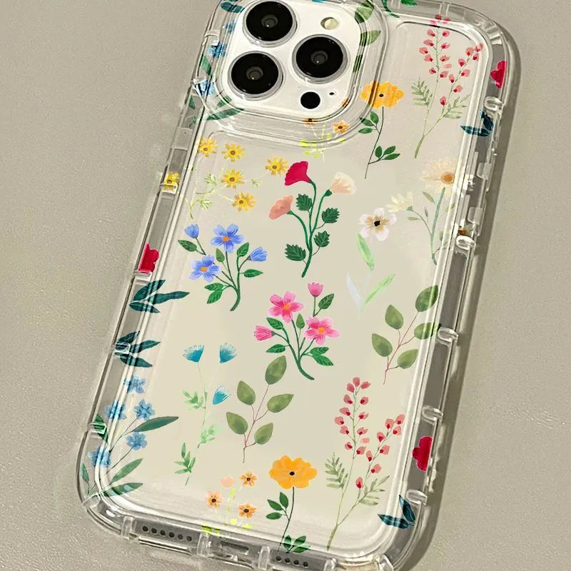 Floral transparent TPU phone case with bracket for iPhone showing a clear floral pattern and side grip