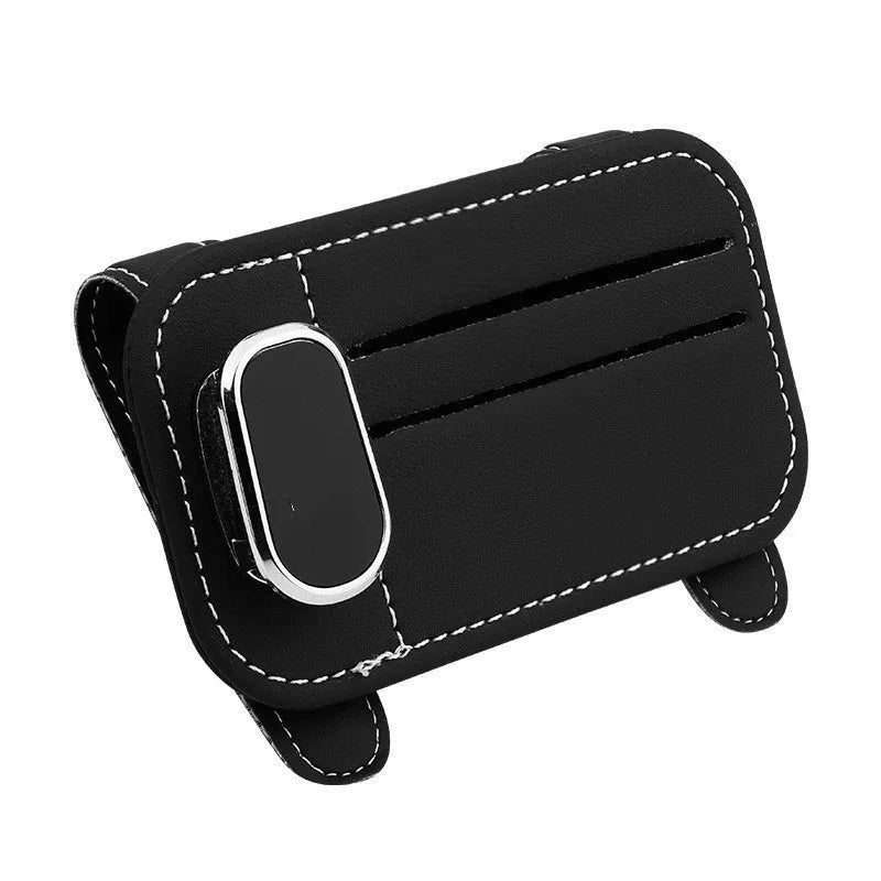 Car sun visor storage organiser with card holder and glasses clip made from cowhide leather