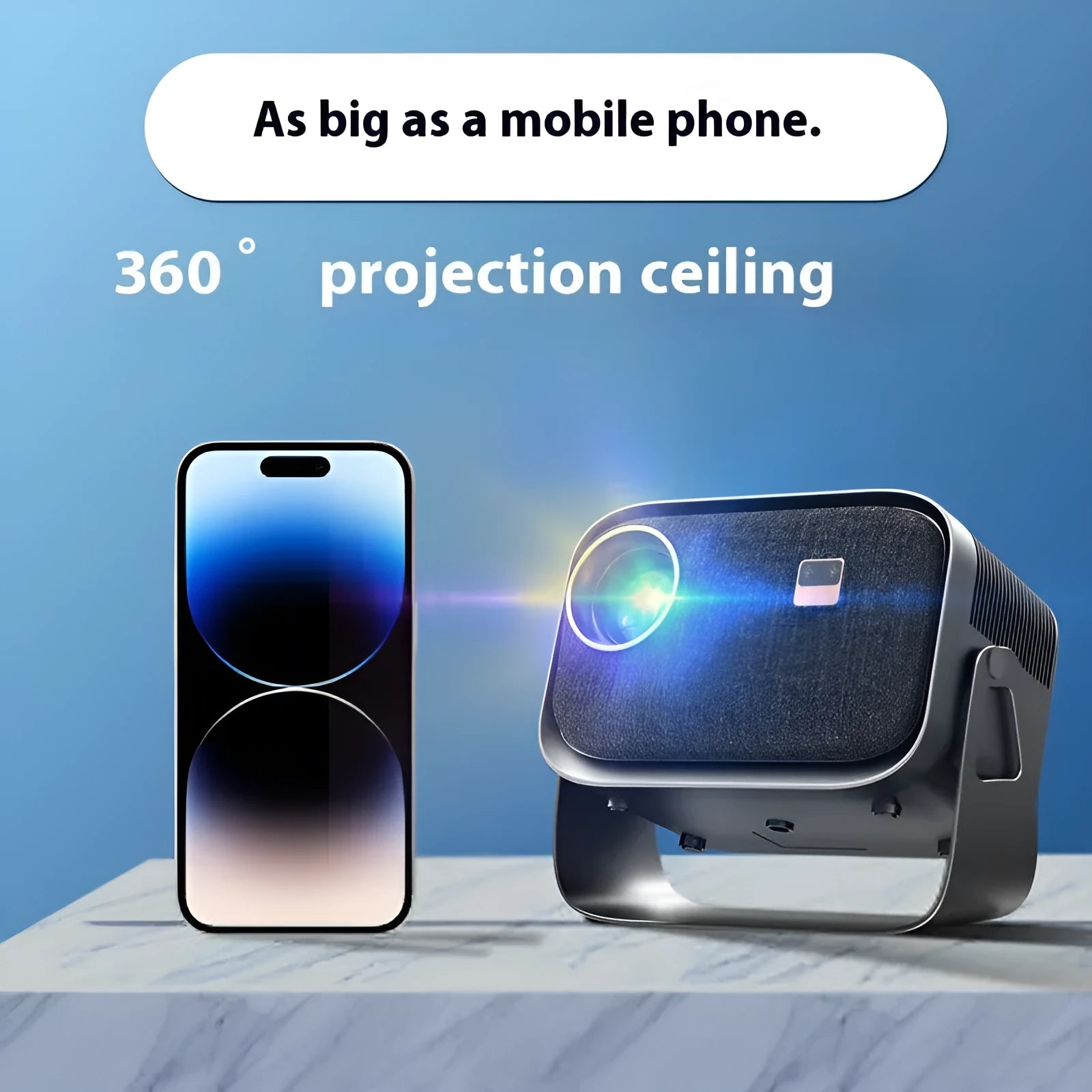 Portable smart home theatre projector unit with connectivity for Android 4K and mobile screen mirroring.
