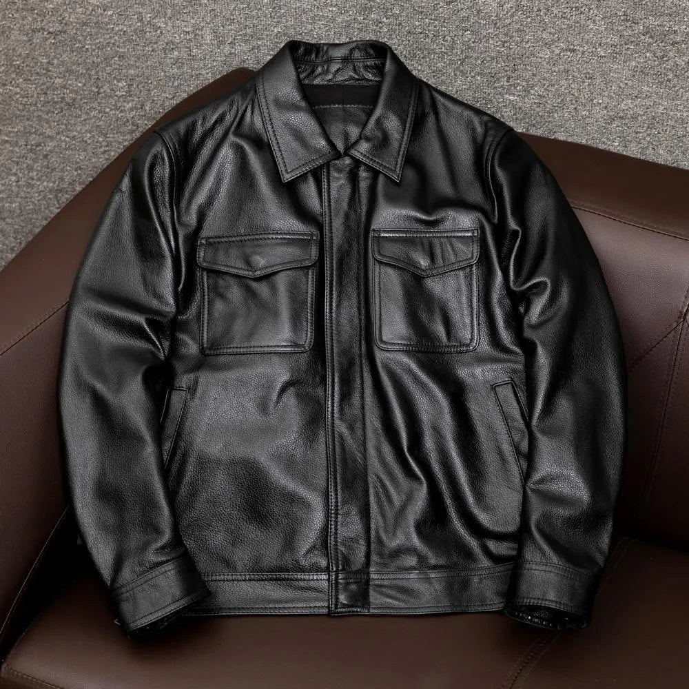 Men's black lapel collar leather jacket showing side seam pockets and loose plus size fit