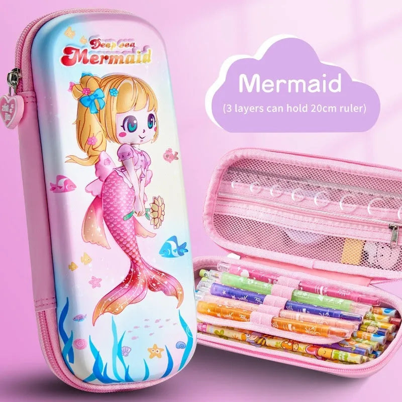 3D leather pencil case with zipper closure showing character design options including astronauts, unicorns, and mermaids