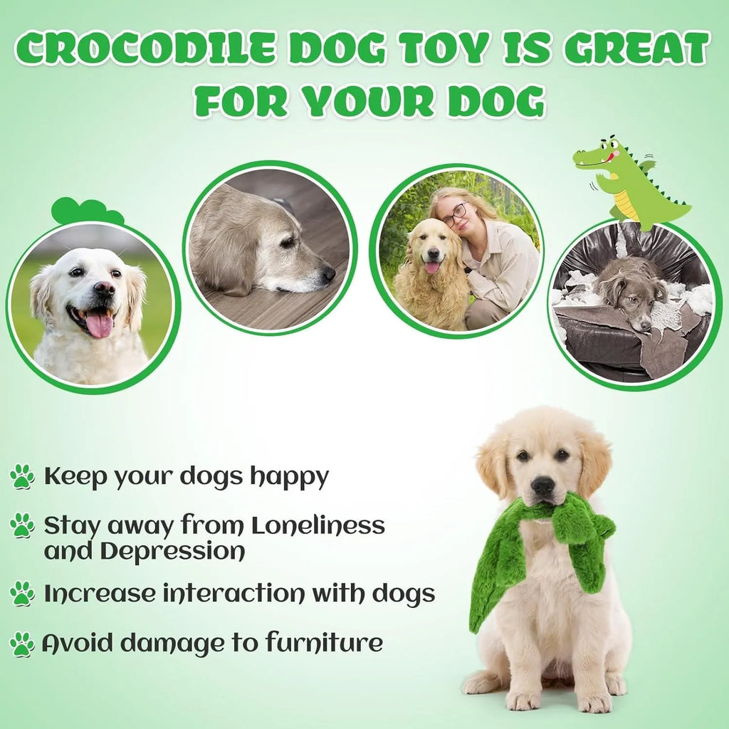 Green crocodile squeaky dog toy with no stuffing for aggressive chewers