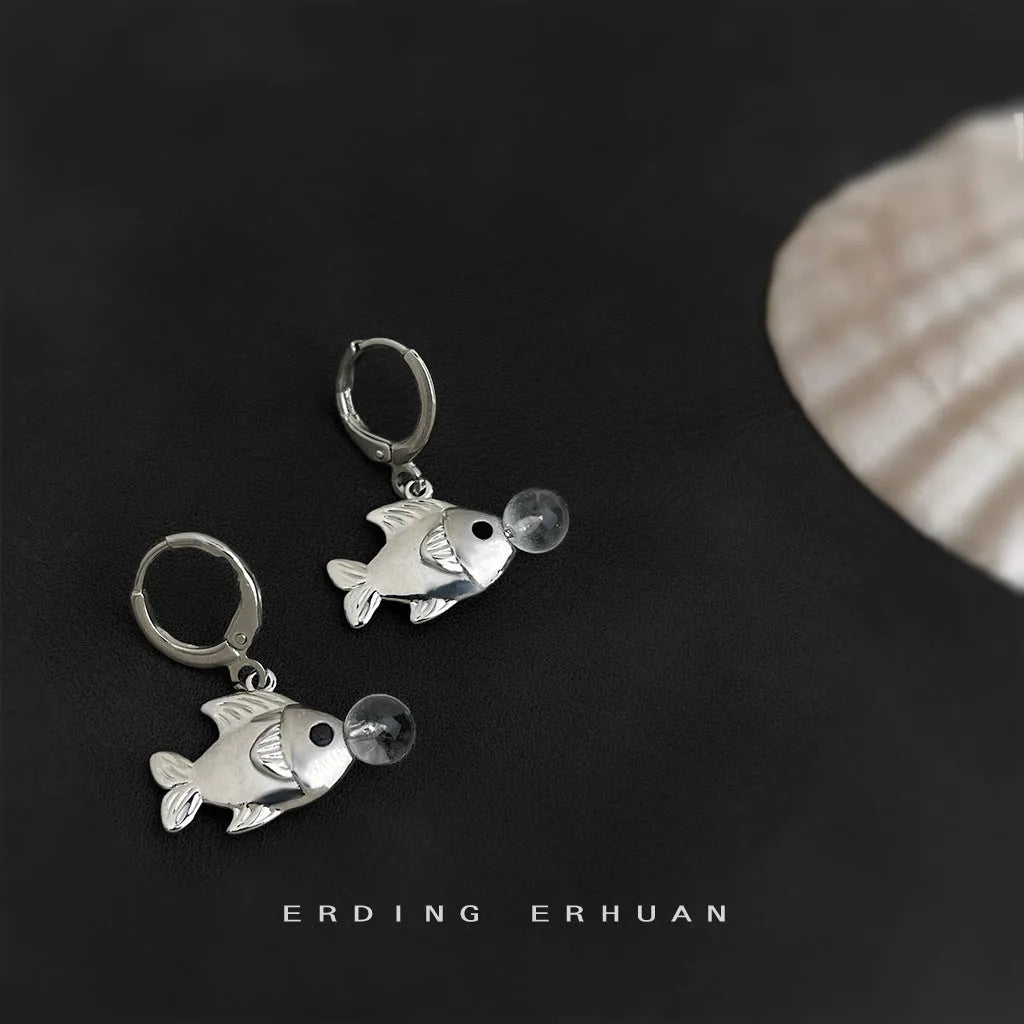 Bubble fish design copper earrings with electroplated finish and goldfish elements