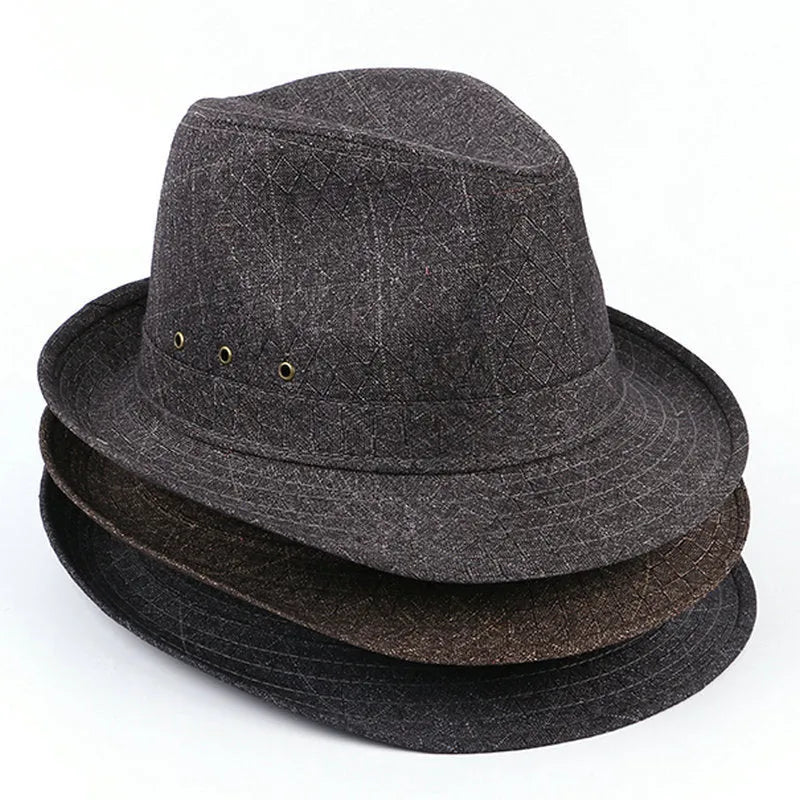 Men's classic fedora hat with thickened brim in grey suit material, shown from the side.