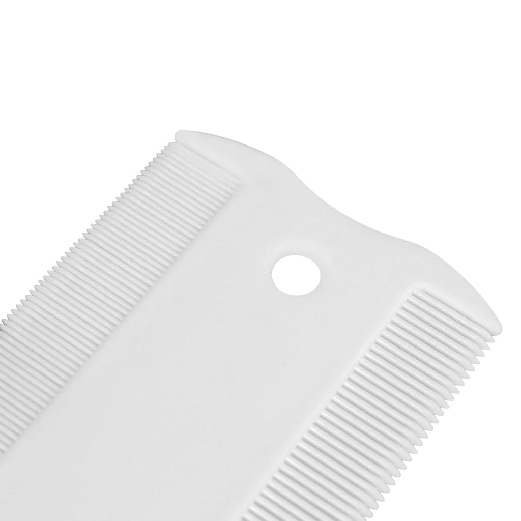 A small, white, double-sided plastic flea comb for pet face and tear stain grooming.