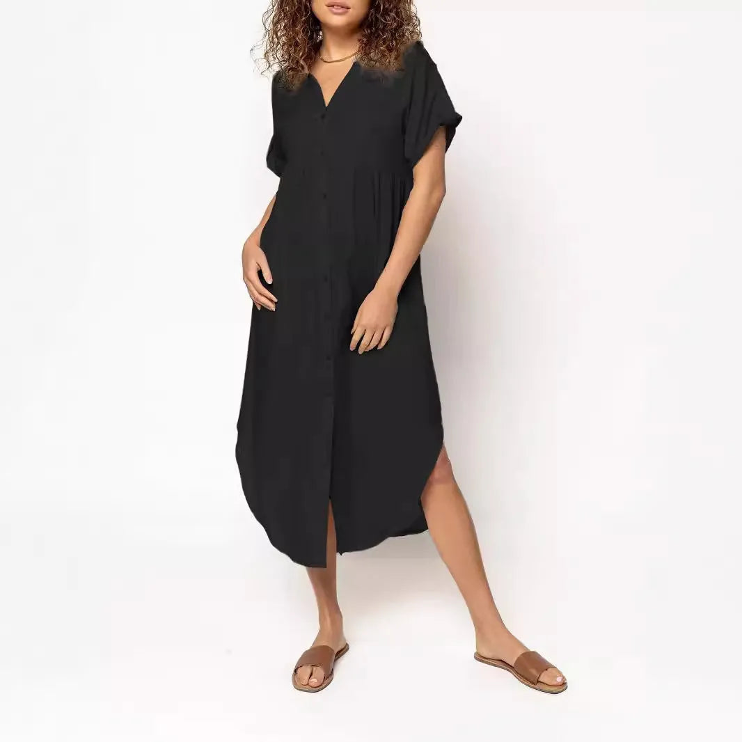 Casual button-front mid-length dress in loose fit available in multiple solid colours