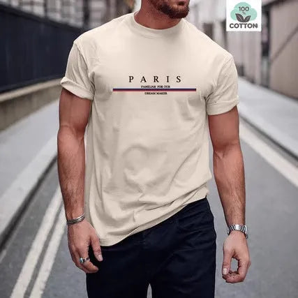 Men's loose fit pure cotton short-sleeved T-shirt with a letter print design.