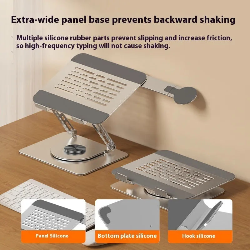 Silver carbon steel laptop stand with 360-degree rotation and a side-mounted magnetic mobile phone holder.