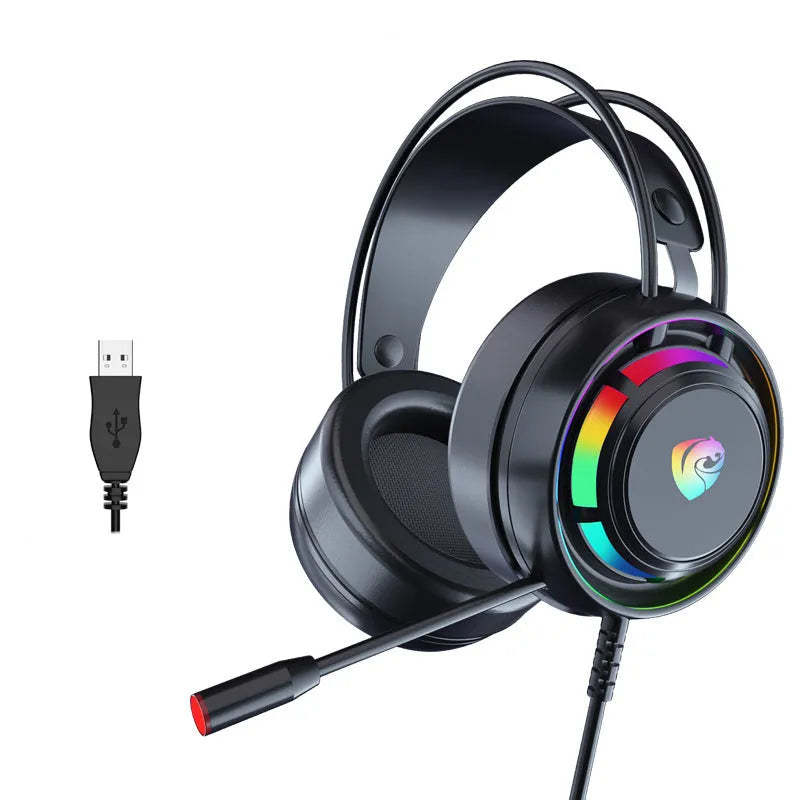Black computer head-mounted headphones with microphone featuring 50mm drivers and choice of 3.5mm plug or USB connection