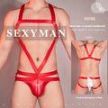 Men's high elastic hollow nylon jumpsuit in black front view free size one-piece bodysuit
